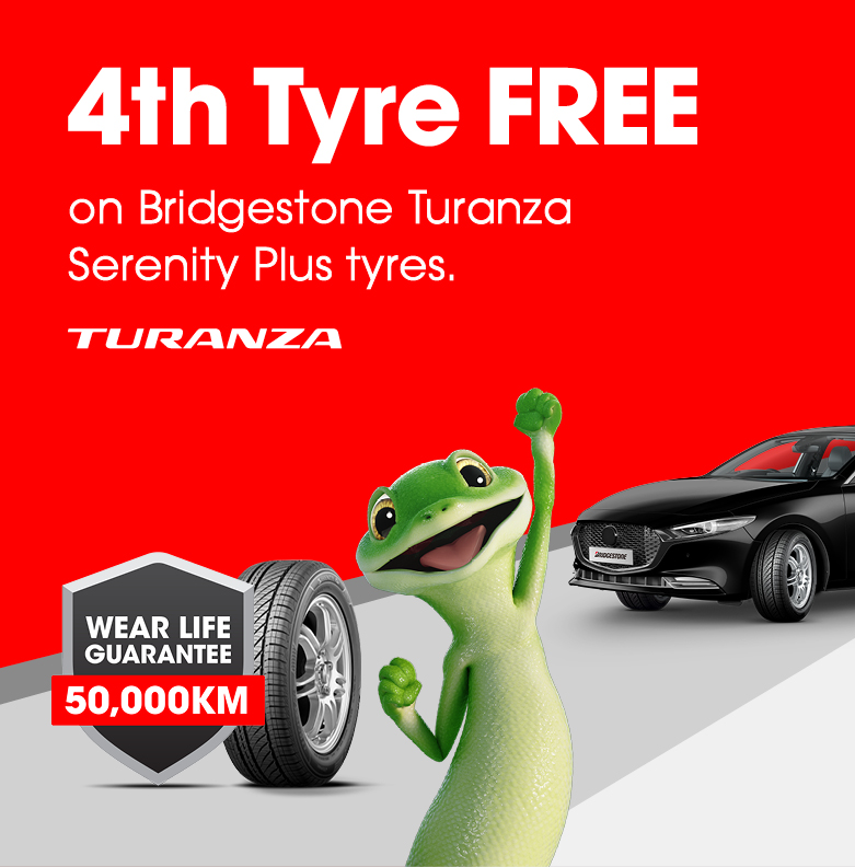4th Tyre FREE on Bridgestone Turanza Serenity Plus tyres.