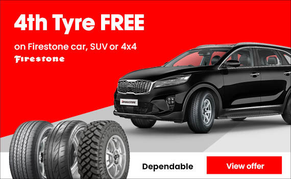 4th Tyre Free on Firestone car and SUV tyres.